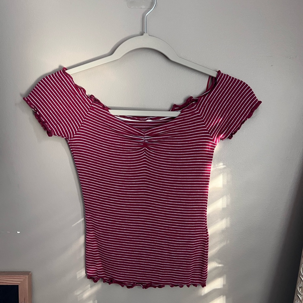 Urban Outfitters Red Striped Ruffle Blouse